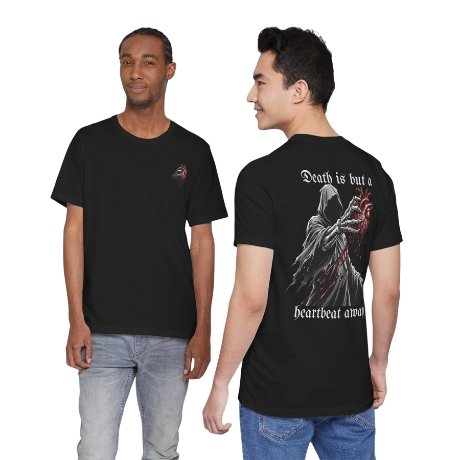 DailyThreadCo black 100% cotton t-shirt with a grim reaper graphic holding a heart on the back and text "Death is but a heartbeat away".