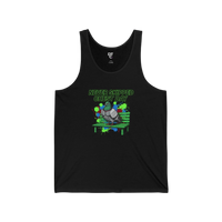 DailyThreadCo. black cotton tank top with a graphic of a muscular pigeon sitting on a green park bench, with neon green text reading 