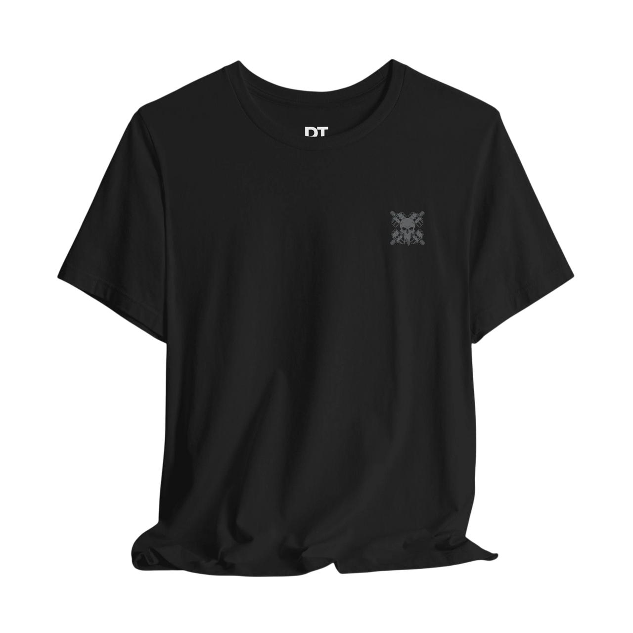 DailyThreadCo. black 100% cotton crewneck t-shirt with a small grey skull and crossed barbells emblem on the left chest.