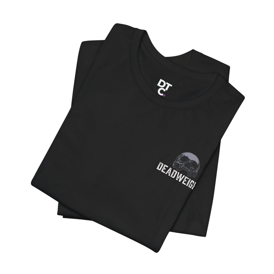 DailyThreadCo. black cotton athletic tee with crew neck and chest graphic of a skull and "DEADWEIGH" text.