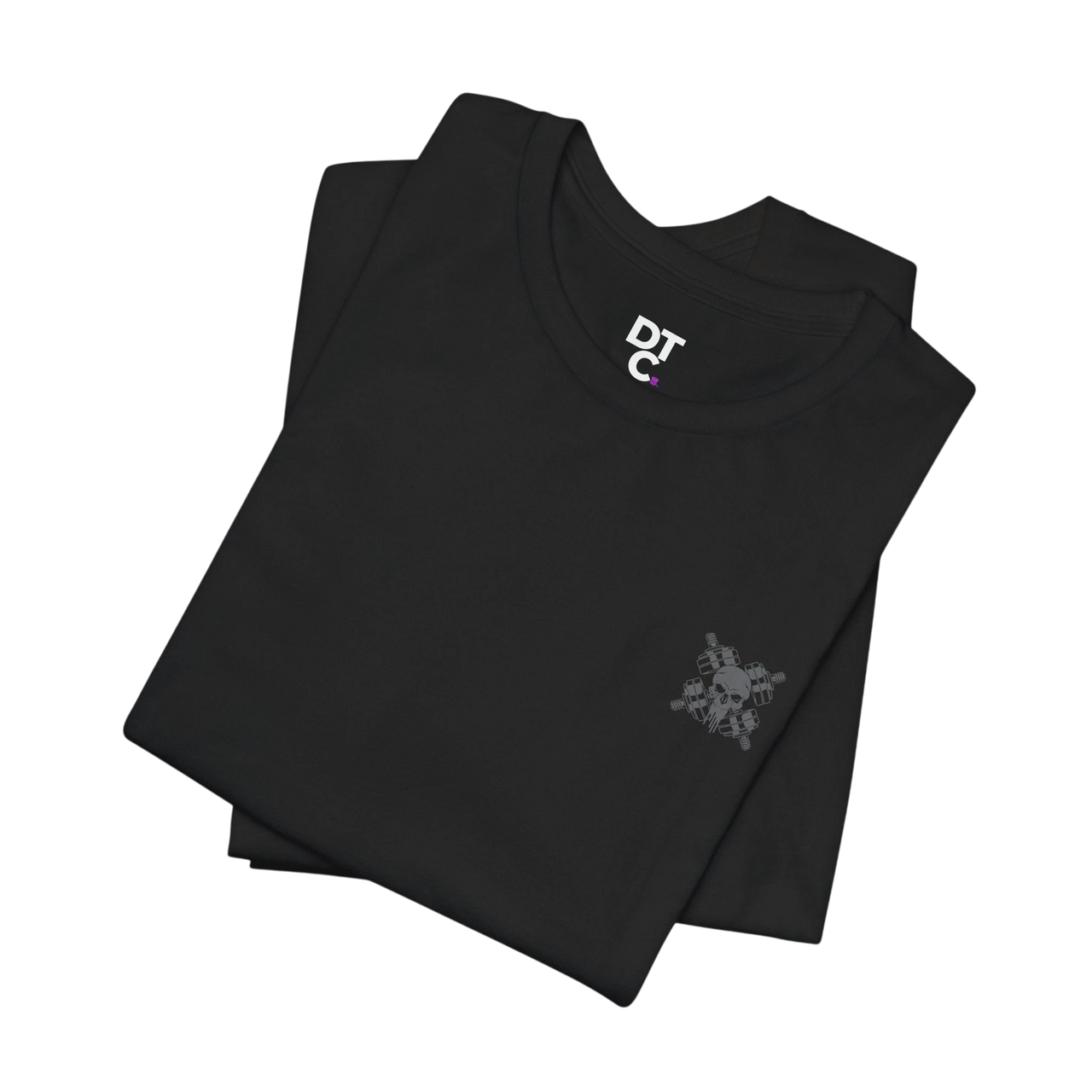 DailyThreadCo. black 100% cotton t-shirt with a small chest logo and a large graphic of crossed barbells and a skull on the back. Crew neck, short sleeves.