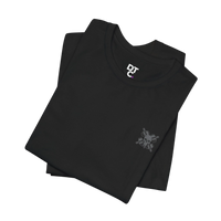 DailyThreadCo. black 100% cotton t-shirt with a small chest logo and a large graphic of crossed barbells and a skull on the back. Crew neck, short sleeves.