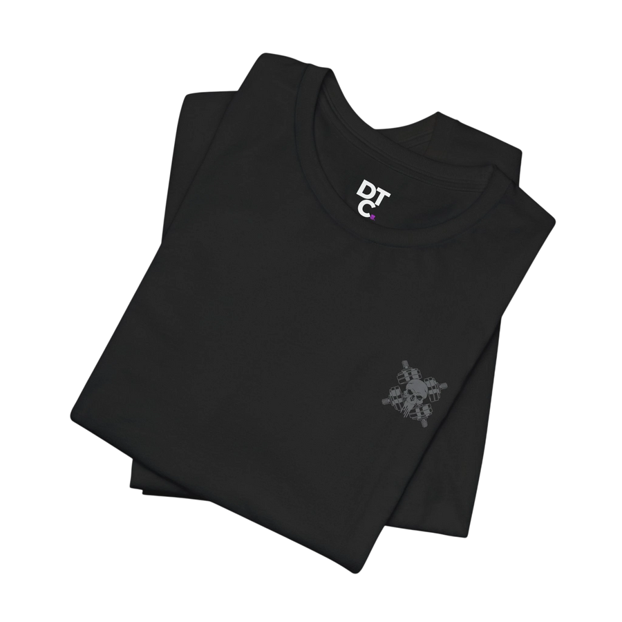DailyThreadCo. black 100% cotton t-shirt with a small chest logo and a large graphic of crossed barbells and a skull on the back. Crew neck, short sleeves.