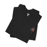 DailyThreadCo. black 100% cotton t-shirt with a small graphic of a skeletal hand holding a red anatomical heart on the left chest.