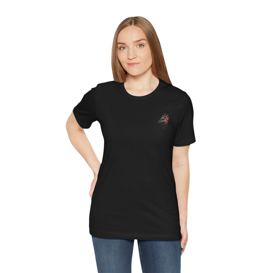 DailyThreadCo. black 100% cotton t-shirt with a small anatomical heart graphic on the left chest.