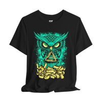 DailyThreadCo black cotton crew-neck tee with a neon green owl graphic, yellow eyes, and a gold triangle symbol.