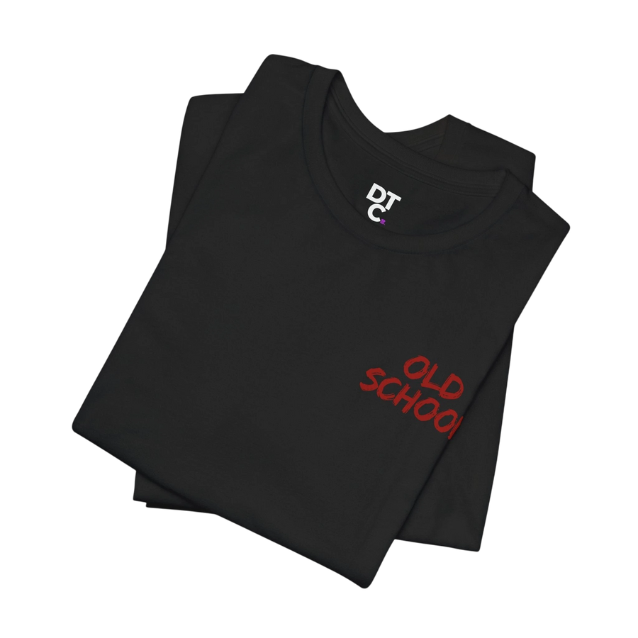 DailyThreadCo. black 100% cotton t-shirt with red "OLD SCHOOL" graphic on the chest and crew neck.