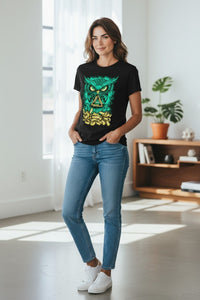 DailyThreadCo black cotton crew-neck tee with neon green owl graphic and gold triangle