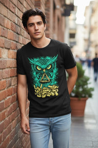 DailyThreadCo. black cotton crew-neck tee with neon green owl graphic, yellow eyes, and gold triangle emblem.