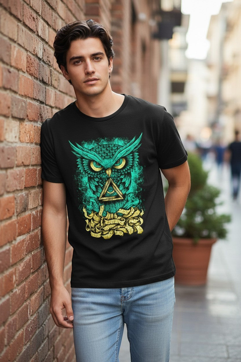 DailyThreadCo. black cotton crew-neck tee with neon green owl graphic, yellow eyes, and gold triangle emblem.