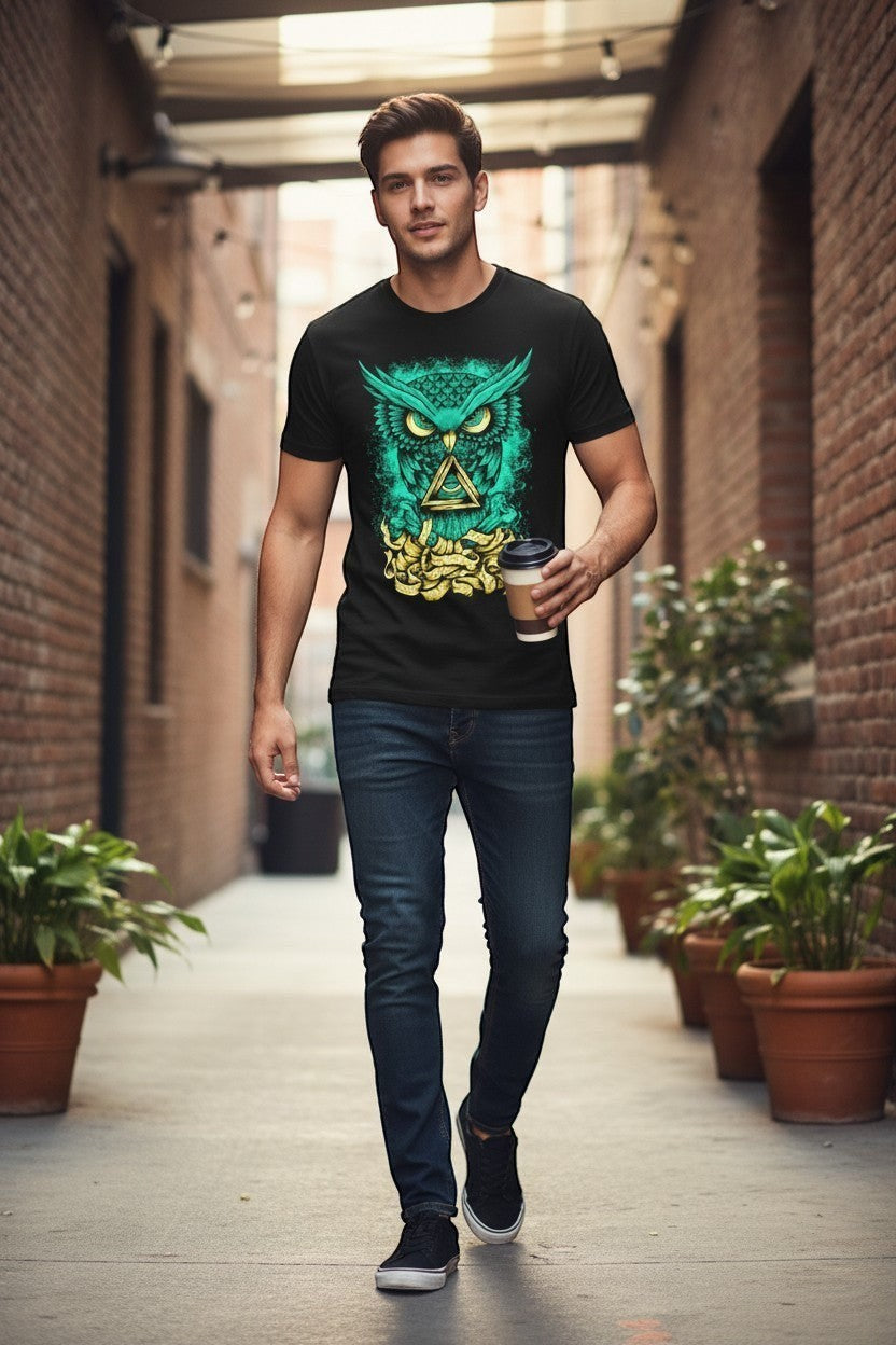 DailyThreadCo black cotton crew-neck t-shirt with a neon green owl graphic, yellow eyes, and a gold triangle symbol.