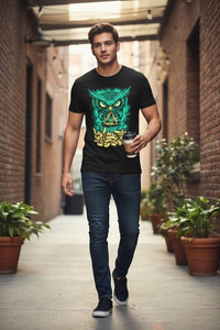 DailyThreadCo black cotton crew-neck t-shirt with a neon green owl graphic, yellow eyes, and a gold triangle symbol.