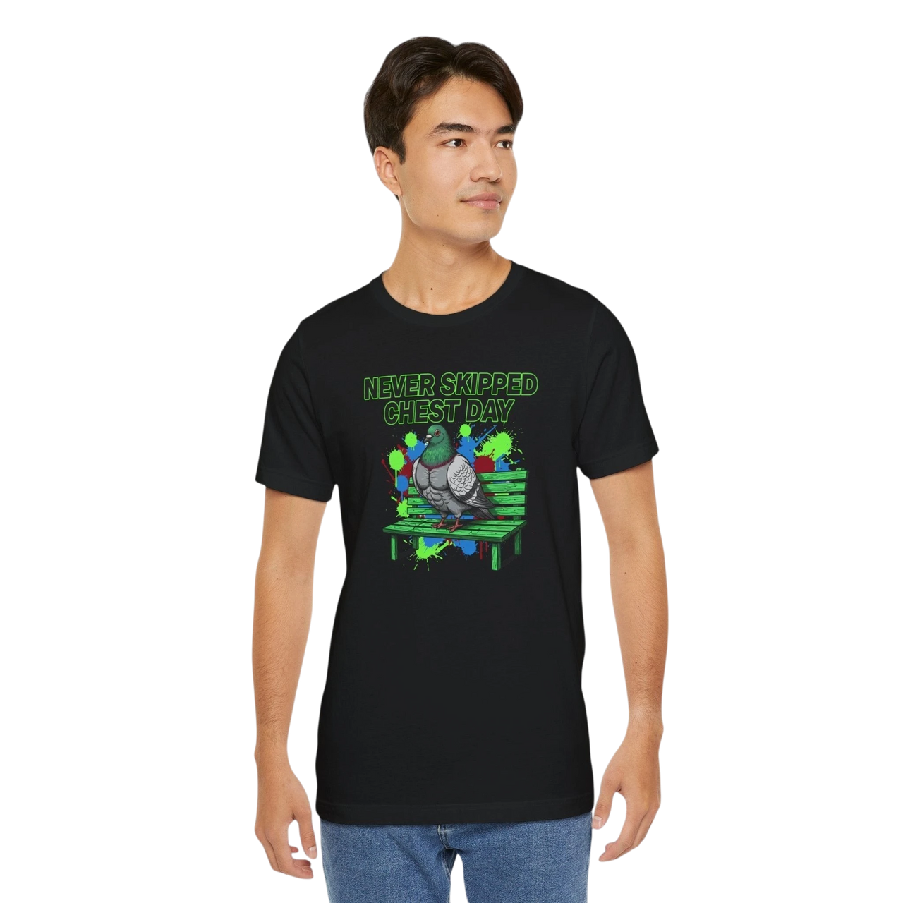 DailyThreadCo. black cotton t-shirt with a graphic of a pigeon on a bench, text reads "NEVER SKIPPED CHEST DAY".