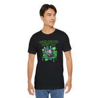 DailyThreadCo. black cotton t-shirt with a graphic of a pigeon on a bench, text reads 