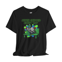 DailyThreadCo. black cotton t-shirt with a graphic of a muscular pigeon on a green park bench, text reads 