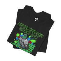 DailyThreadCo. black 100% cotton t-shirt with a graphic of a muscular pigeon on a green bench, with neon green text reading 