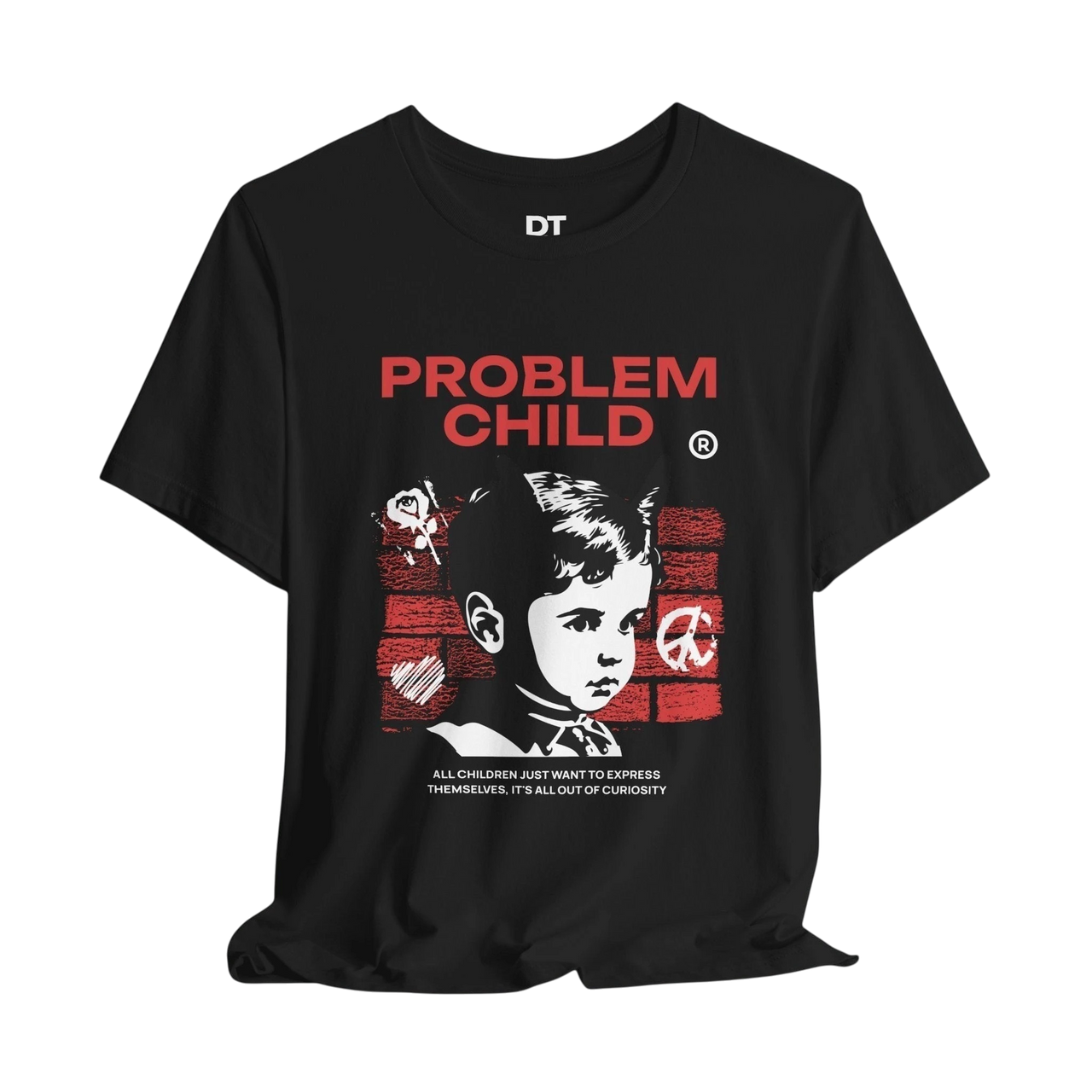 DailyThreadCo. black 100% cotton t-shirt with retro punk 'Problem Child' graphic and distressed red print.