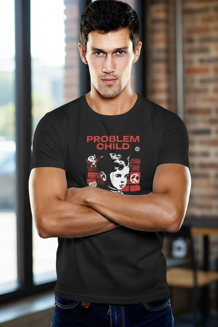 DailyThreadCo. black 100% cotton t-shirt with retro punk graphic of a child, red brick background, and "PROBLEM CHILD" text.
