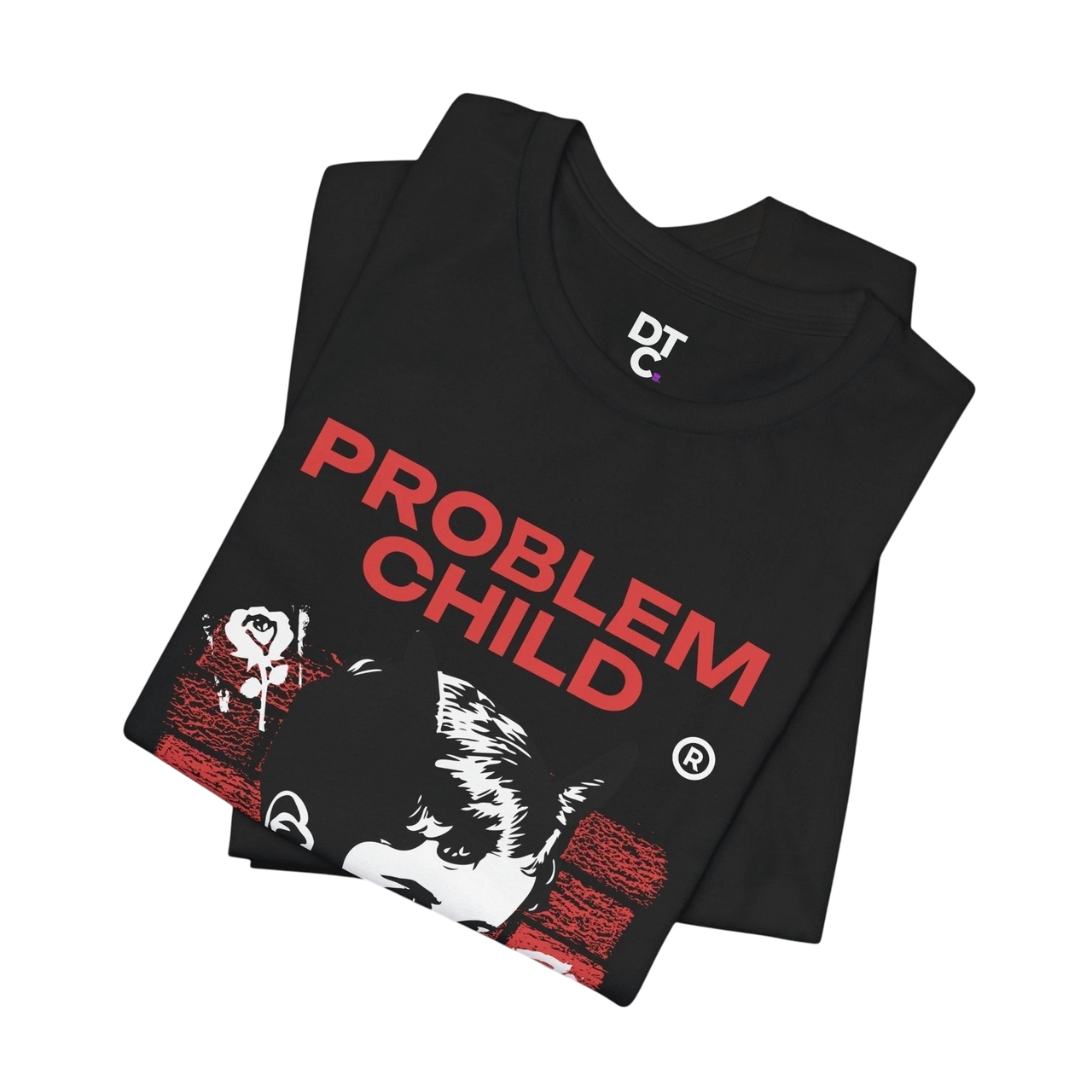 DailyThreadCo. black 100% cotton t-shirt with red 'PROBLEM CHILD' graphic and distressed portrait.