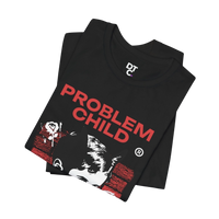 DailyThreadCo. black 100% cotton t-shirt with red 'PROBLEM CHILD' graphic and distressed portrait.