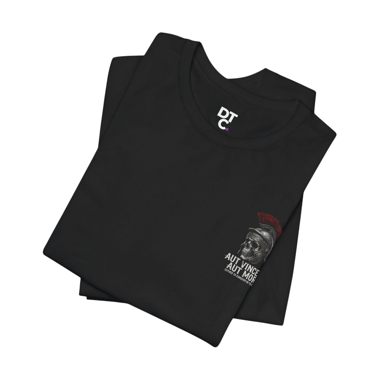 DailyThreadCo. black 100% cotton t-shirt with a vintage Roman skull graphic and "Aut Vincere Aut Mori" text on the chest.