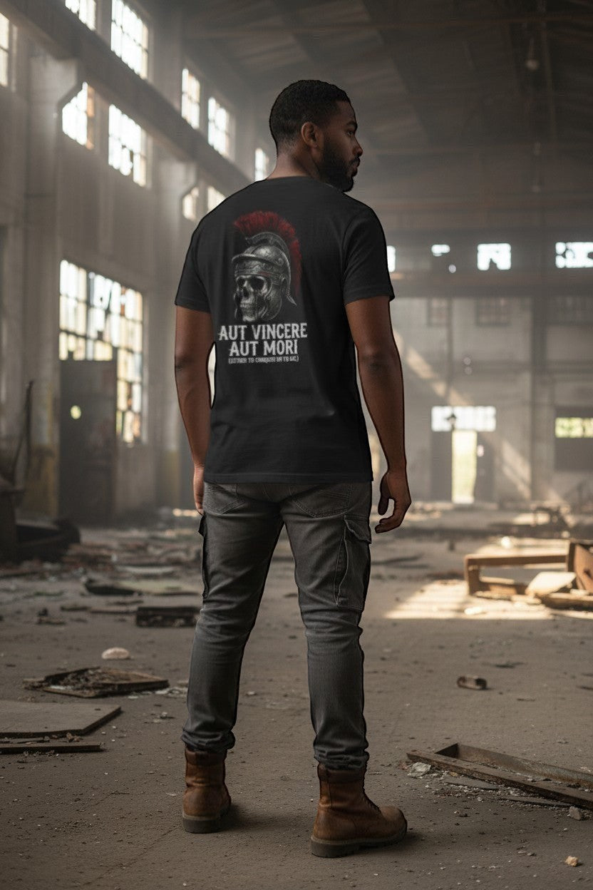 DailyThreadCo. black 100% cotton t-shirt with a Roman skull graphic and "Aut Vincere Aut Mori" text.