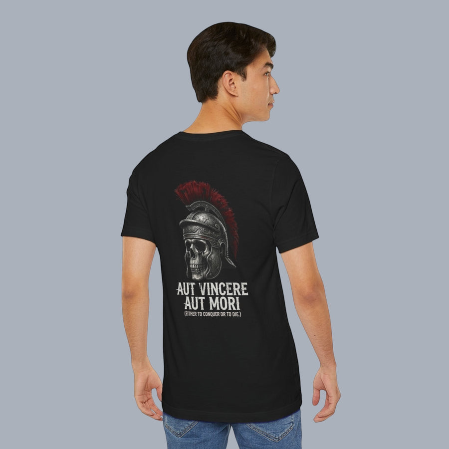 DailyThreadCo. black 100% cotton t-shirt with a Roman skull graphic and "Aut Vincere Aut Mori" text.