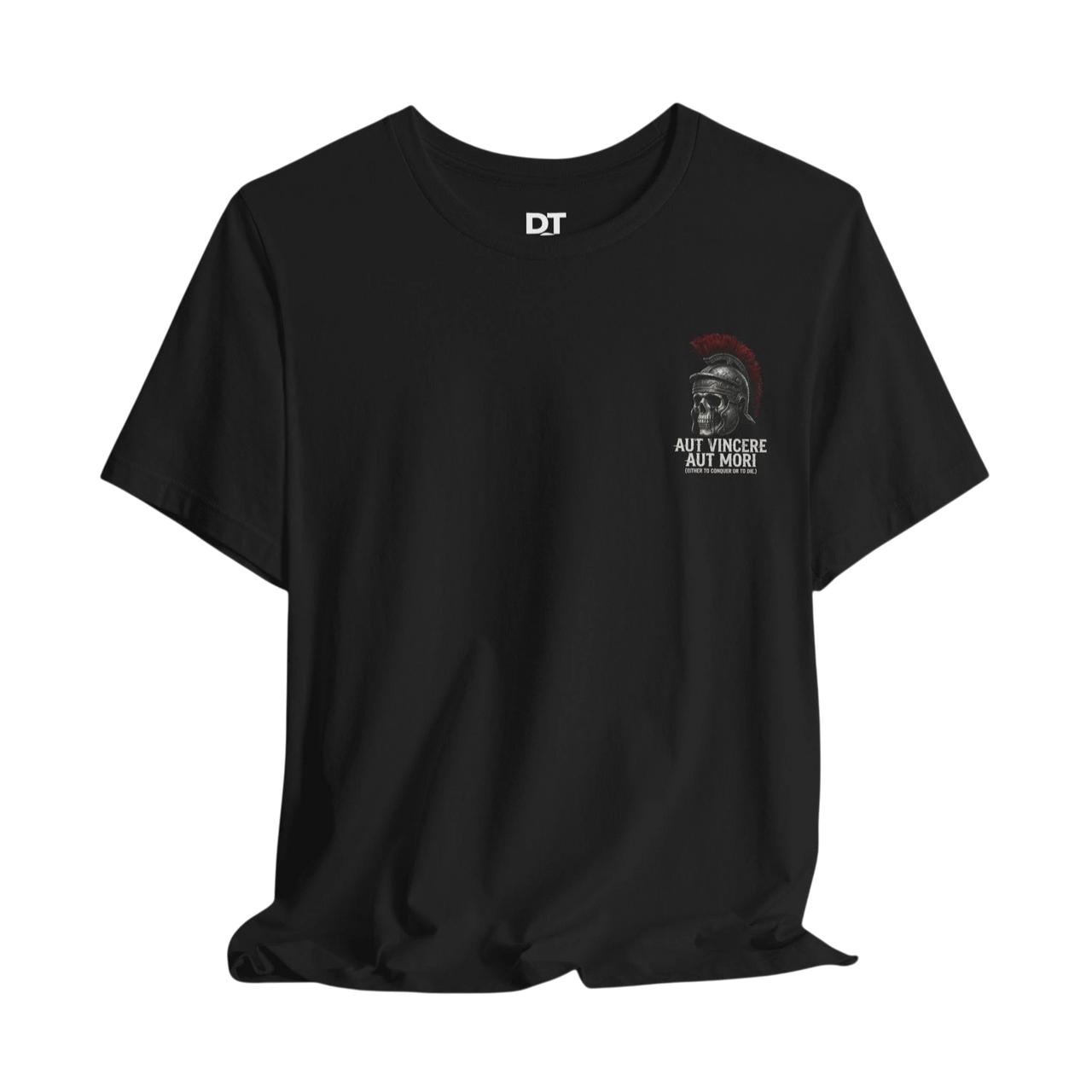 DailyThreadCo. black 100% cotton t-shirt with a Roman skull graphic and "Aut Vincere Aut Mori" text.