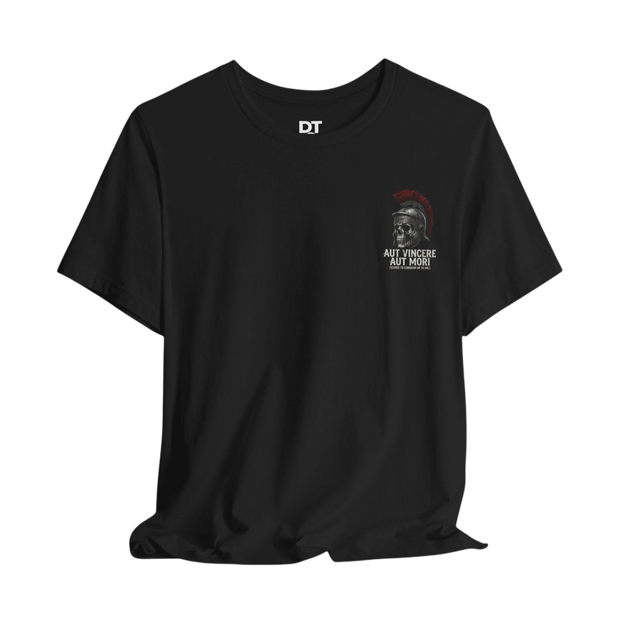 DailyThreadCo. black 100% cotton t-shirt with a Roman skull graphic and "Aut Vincere Aut Mori" text.
