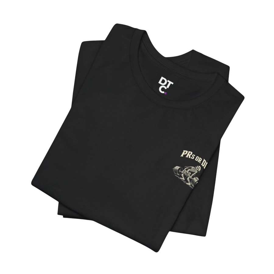 DailyThreadCo. black 100% cotton t-shirt with a skeleton deadlifting graphic and "PRs or Die" text on the back.