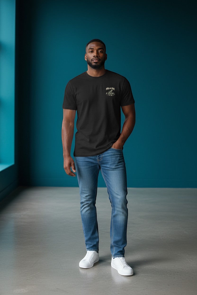 DailyThreadCo. black 100% cotton t-shirt with skeleton deadlifting graphic and "PRs or Die" text on back. Model wears size M.
