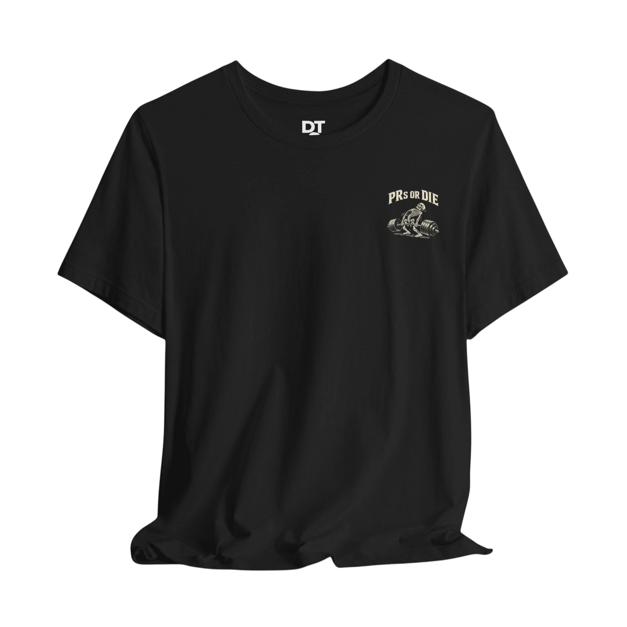 DailyThreadCo. black 100% cotton t-shirt with a skeleton deadlifting graphic and "PRs or Die" text on the chest.