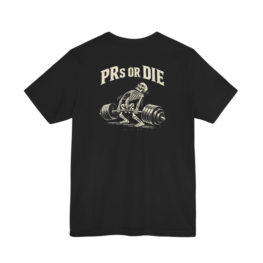 DailyThreadCo. black 100% cotton t-shirt with a skeleton deadlifting a barbell and "PRs or Die" text on the back.