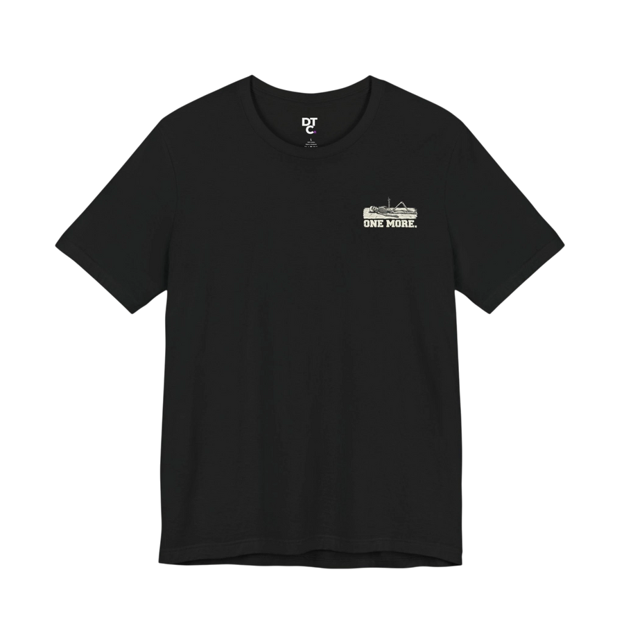 DailyThreadCo. black 100% Airlume cotton t-shirt with a distressed skeleton graphic and "ONE MORE." text on the back.