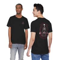 DailyThreadCo. black 100% cotton t-shirt with a skeleton weightlifter graphic and crimson text 