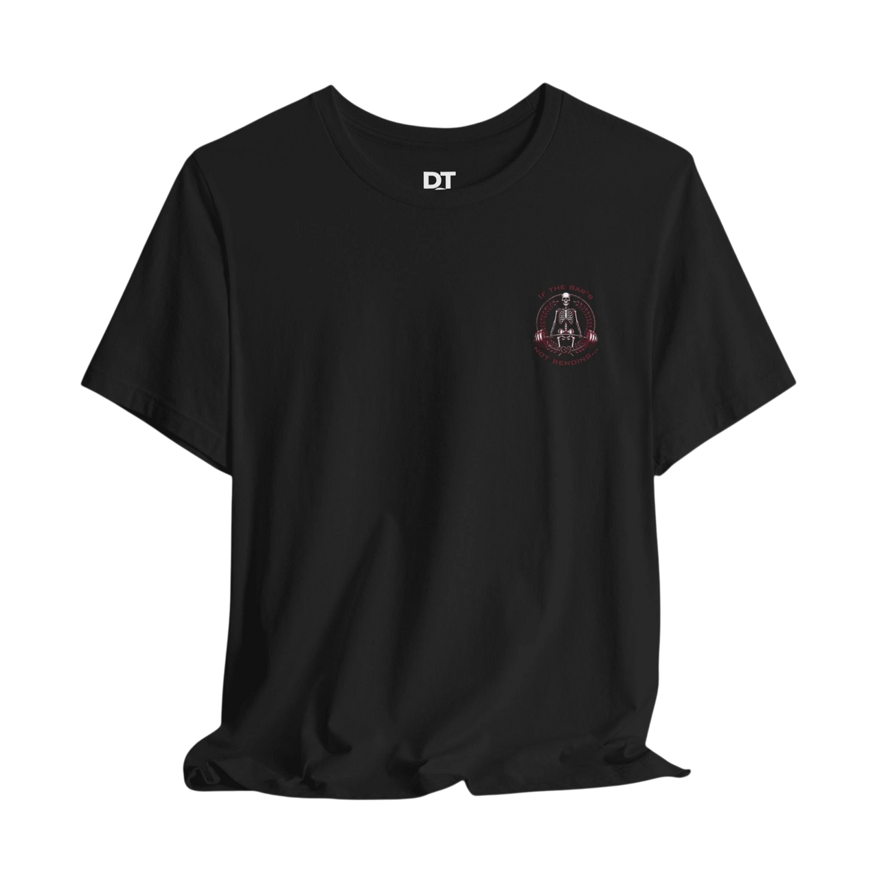 DailyThreadCo. black 100% cotton t-shirt with a skeleton weightlifter graphic on the back and chest emblem. Crew neck, short sleeves, retail fit.