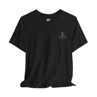 DailyThreadCo. black 100% cotton t-shirt with a skeleton weightlifter graphic on the back and chest emblem. Crew neck, short sleeves, retail fit.