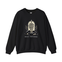 DailyThreadCo. black crewneck sweatshirt with a skeleton hand graphic giving the middle finger, surrounded by clouds and foliage, with 
