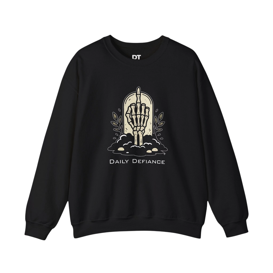 DailyThreadCo. black crewneck sweatshirt with a skeleton hand graphic giving the middle finger, surrounded by clouds and foliage, with "Daily Defiance" text.