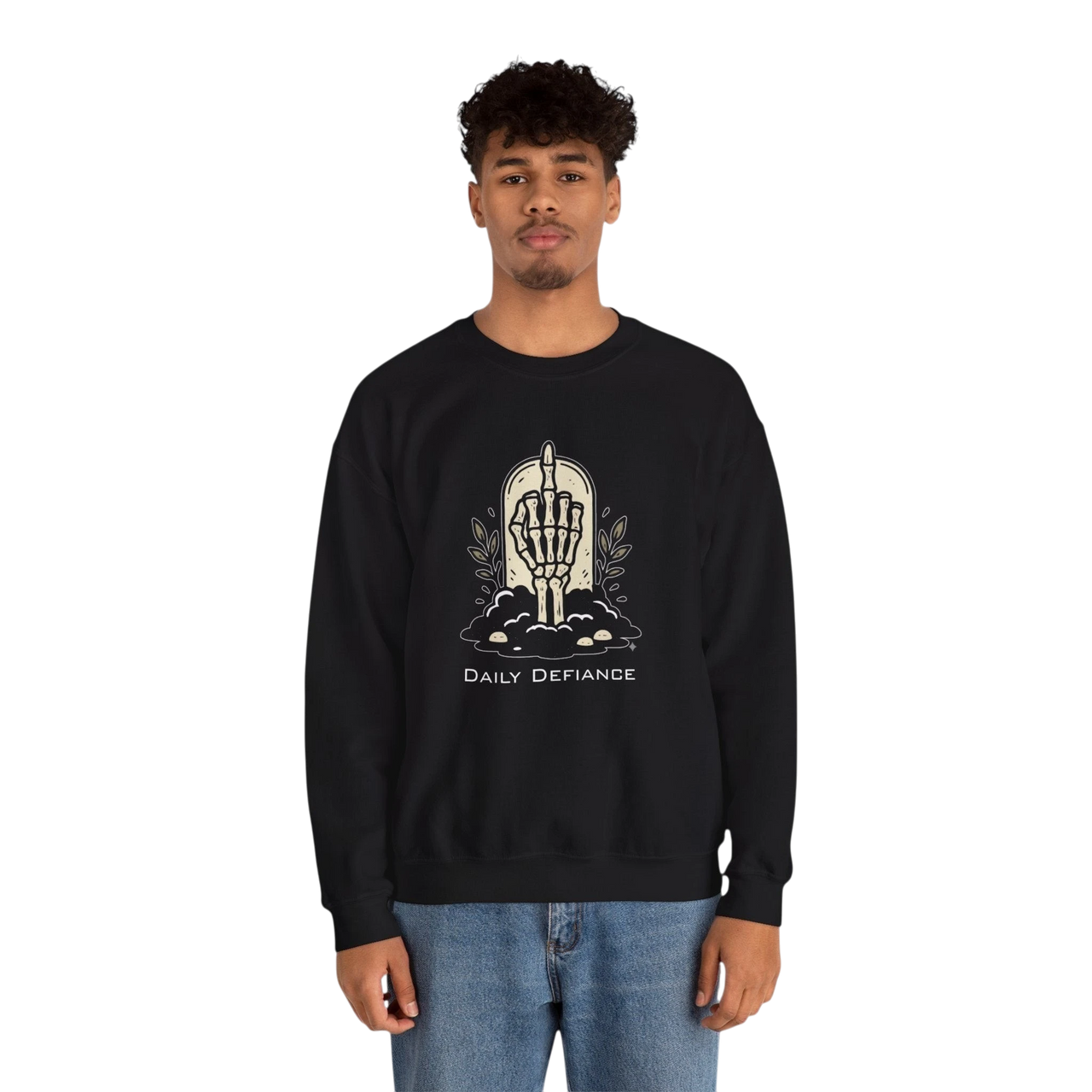 DailyThreadCo. black crewneck sweatshirt with a skeleton hand graphic giving the middle finger, surrounded by foliage and text.