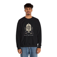 DailyThreadCo. black crewneck sweatshirt with a skeleton hand graphic giving the middle finger, surrounded by foliage and text.