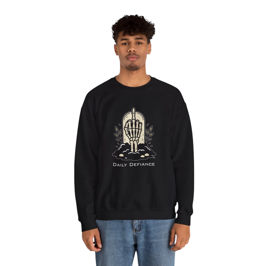 DailyThreadCo. black crewneck sweatshirt with a skeleton hand graphic giving the middle finger, surrounded by foliage and text.