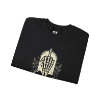 DailyThreadCo. black crewneck sweatshirt with a skeleton hand graphic giving the middle finger, surrounded by foliage.