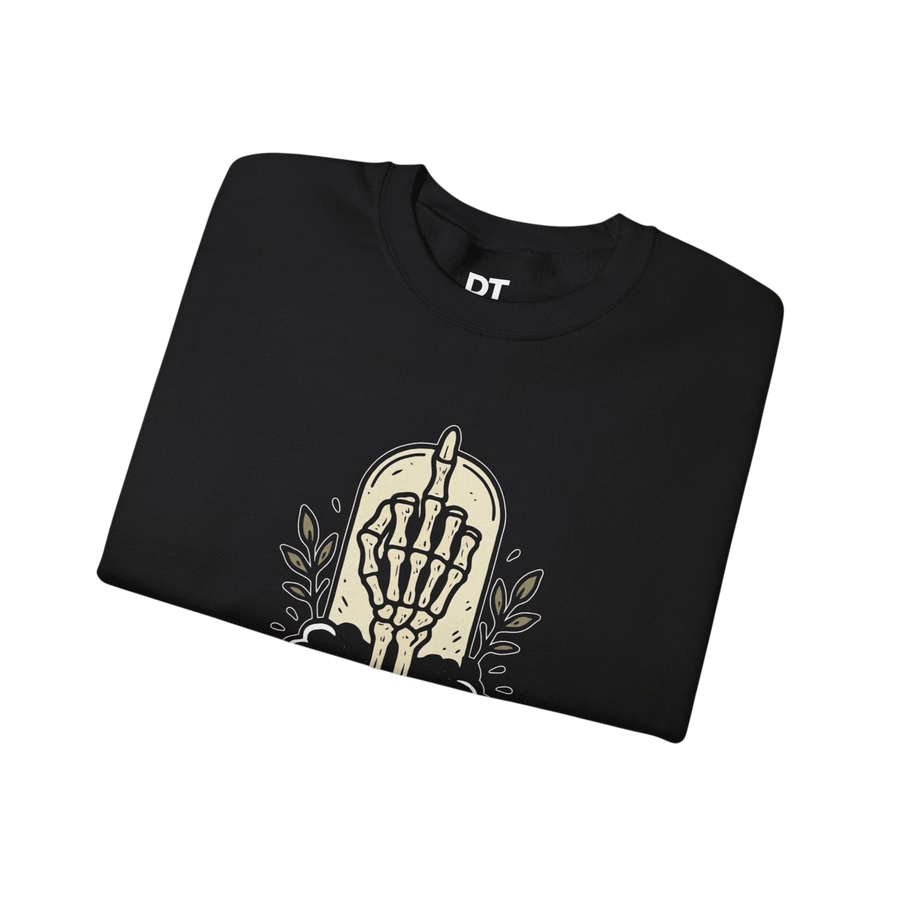 DailyThreadCo. black crewneck sweatshirt with a skeleton hand graphic giving the middle finger, surrounded by foliage.