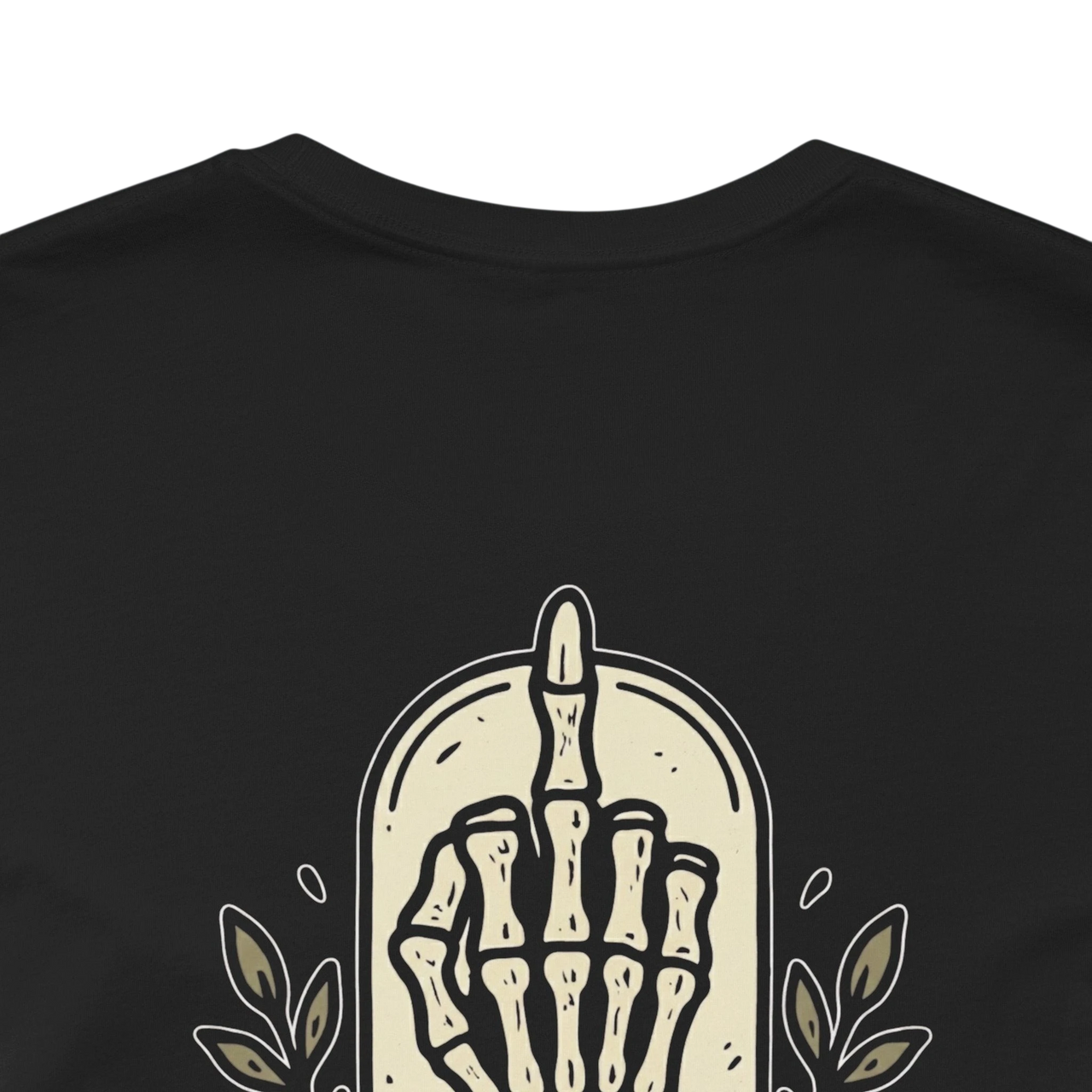 DailyThreadCo. black 100% cotton t-shirt with a skeleton hand graphic on the back and a small chest emblem.