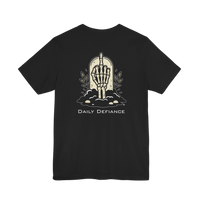DailyThreadCo. black 100% cotton t-shirt with a graphic of a skeleton hand rising from the ground with leaves and clouds. Text reads 