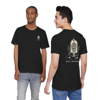 DailyThreadCo. black 100% cotton t-shirt with a skeleton hand graphic on the back and a small chest emblem.