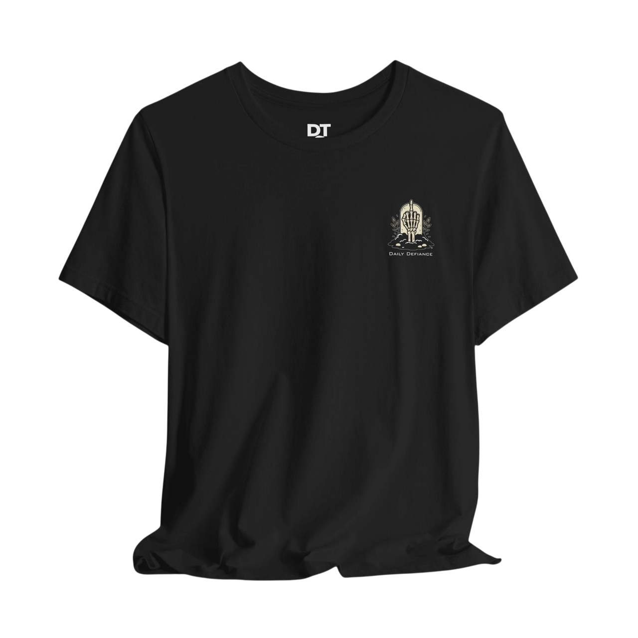 DailyThreadCo. black 100% cotton t-shirt with a small chest graphic of a skeleton hand and "Daily Defiance" text.