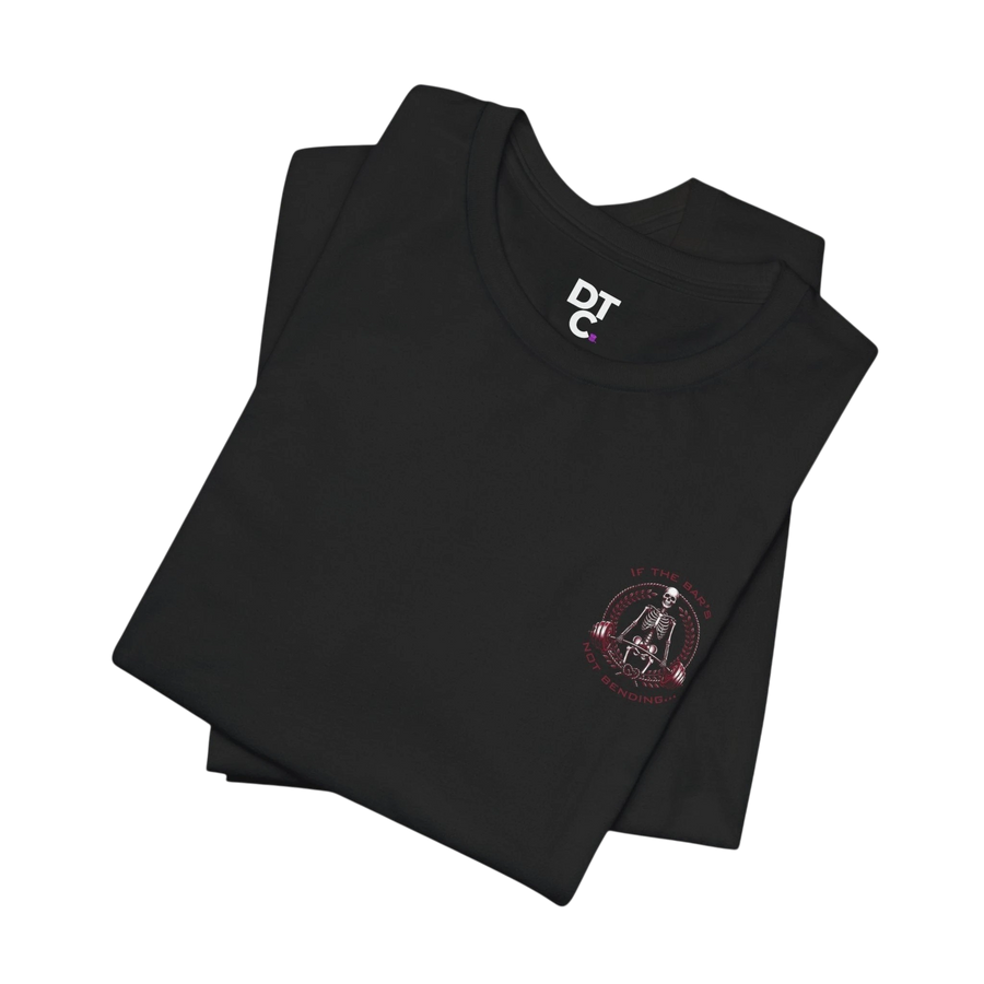 DailyThreadCo. black 100% cotton t-shirt with a circular graphic of a skeleton lifting weights, framed by laurels and text.