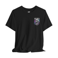 DailyThreadCo. black 100% cotton t-shirt with a skull gripping a barbell and neon streaks graphic, and 